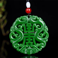 Charm Green Jade Natural Stone Carved Hollow Double Dragon Bat Lucky Pendant Amulet Necklace Handmade Party Jade Jewelry Gift