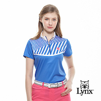 【Lynx Golf】女款吸濕排汗合身版粗細斜條印花短袖立領POLO衫-寶藍色