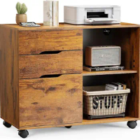 3-Drawer Mobile Cabinet Wood Lateral Filing, Printer Stand with Open Adjustable Storage Shelves and Wheels
