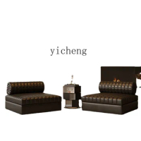 Zf Single Lychee Sofa Genuine Leather Retro Lazy Small Apartment Dual-Use Retractable Sofa Bed