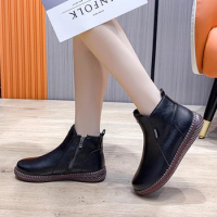 2024Women's Chelsea Boots Female Genuine Leather Shoes Handmade Zipper Flats Women Ankle Boots Ladies Retro Footwear