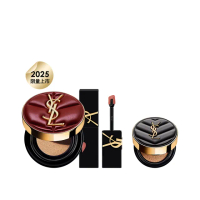 【YSL】官方直營 恆久完美雲朵鎖吻彩妝組(霧光氣墊粉餅 雲朵皮革版+奢華印記鎖吻霧唇釉)