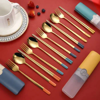 Portable Tableware Set Stainless Steel Spoon Fork Chopsticks Student Travel Lunch Tableware Set with Box Gift Kitchen Supplies