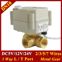 Tsai Fan DC5V 12V 24V Electric Valve 3 Way Brass DN10 3/8'' Horizontal T/L Port Electrovalve 2/3/5/7 Wires Metal Gears CE IP67