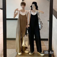 JILLI-KO 日系棉麻寬鬆顯瘦背帶闊腿連身吊帶褲- 卡其/黑