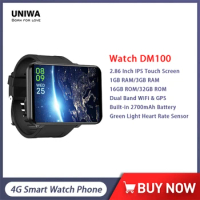 UNIWA DM100 4G LTE Watch Phone 1GB+16GB/3GB+32GB Android 7.1 Smart Watch 2.86 Inch IPS Touch Screen Green Light Heart Rate Senso