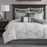 Cozy Comforter Set Jacquard Damask Medallion Design All Season,Down Alternative Bedding, Shams,King 104 in x92 in Silver 8 Piece