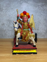 早期老木雕造像，帝爺公、身騎駿馬、手舉令旗霸氣十足，形態威武