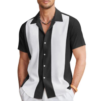 Fashion Men Casual Vintage Bowling Shirts Hawaiian Short Sleeve Button Down Loose T-Shirt Cotton Oxford Striped Mens Clothing
