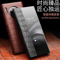 For Huawei Mate30 Mate 30 Pro Phone Case Real Leather Intelligent Sleep Smart Cover Genuine Cow Skin Crocodile Grain View Window