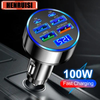 100W Car Charger 6 Ports USB C Charger PD Fast Charging for Iphone 15 14 13 Pro Max Xiaomi 14 13 Samsung Galaxy S24 S23 Ultra