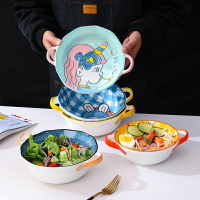 創意卡通雙耳陶瓷泡面碗圓形家用飯碗網紅沙拉碗微波爐專用小湯碗
