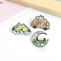 Go Camping Enamel Pins Mountain Moon Tent Motorhome Brooches Shirt Lapel Badge Outdoors Jewelry Gift for Kids Friends Wholesale