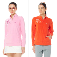【Lynx Golf】女款保暖舒適厚刷毛材質蝴蝶結繡花系列前片口袋設計長袖立領POLO衫/高爾夫球衫(二色)
