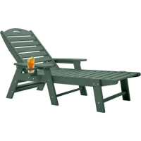 Patio Lounge Chairs for Outside, Chaise Lounge Chair with 6Positions, HDPE Lounge Chair with Cup Holder for Backyard Lawn, Green