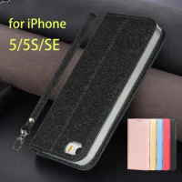 Silk Style Shine Pu Leather Case for Apple iPhone 5 5S SE Flip Magnetic Adsorption Frosted Touch Cover Fundas Coque + 1 Lanyard