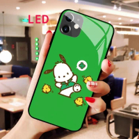 Pochacco Luminous Tempered Glass phone case For Apple iphone 12 11 Pro Max XS mini Kawaii Fall Protection RGB Backlight cover