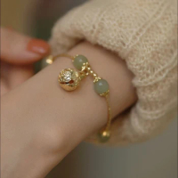 Original design natural Hetian jade bell Bracelet for women Advanced feeling Light luxury Ancient gold craft bangles jewelry