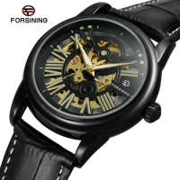 FORSINING black mechanical watch circular hollow mechanical movement mechanical watch leisure black belt watch watch