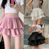 Plain Solid Color A-Line Mini Shorts Skirt for Womens High Waist Double Layer Tiered Pleated Ruffle Short Skater Skort