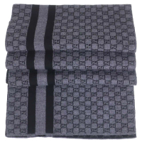 【GUCCI 古馳】雙色雙G條紋100%羊毛圍巾(灰/黑色)