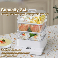 Electric Food Steamer 3-Tier 24L Capacity 2-in-1 Steam and Boil 24h Reservation Stainless Steel Tray