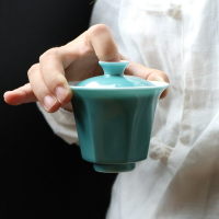 簡約六方菱形色釉白瓷蓋碗中式陶瓷功夫茶具三才碗大號泡茶碗家用