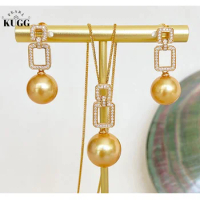 KUGG PEARL 18k Yellow Gold Earrings 10-11mm Natural Gold Pearl Drop Earrings Luxury Pearl Necklace for Women High Jewelry Set