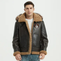 B3 Flight Suit Real Sheepskin Leather Coat Raccoon Fur Hooded Vintage Genuine Mens Sherling Jacket Large Size 6XL