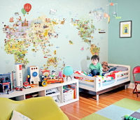 韓國原裝高擬真水貼壁紙-世界地圖兒童Q版-薄荷色(全台專業進口代理，無需預購)