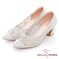 【CUMAR】鏤空鑽飾粗跟鞋-銀白