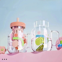 【Shot】 COOKER KING 800ML Glass Cup Transparent Water Cups with Flower Straw Lid Cartoon Coffee Mugs