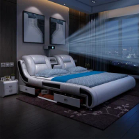 Genuine Leather Bed Multifunctional Beds Ultimate Massage Camas with Bluetooth,Speaker,Safe,Air Cleaner, Projector,Drawers