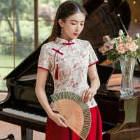 文藝復古中國風改良蕾絲襯衫短袖 夏季新款中式唐裝旗袍上衣