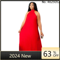 Red Plus Size Dresses 4XL 5XL Halter Long Loose Chiffon Outfits Pullover Sleeveless Evening Birthday Cocktail Party Gowns 2024