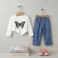 Setelan Kaos Asimetris Lengan Panjang Anak Perempuan Atasan Bahan Katun Celana Jeans Denim 2-3Y Puti