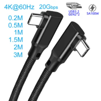 Double Type-c Cable 90 Degree Right Angle Elbow Data Cables 5A 100W PD 4K@60Hz Fast Charging Type C Cord 0.2m 0.5m 1m 2m 3m