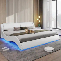 King Size Platform Bed Frame, Upholstered Leather LED Bed with Headboard, White