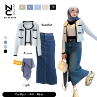 Oneset Wanita Kekinian _ Otfit Stunning [ Cardigan Korean Style + Rok Denim ] Gratis Hijab _ Setelan