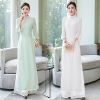 HV Spring Summer Chinese Style Stand-up Collar Slim Fit Temperament Improved Vietnam Cheongsam Ao Dai Dress Top + Two-Piece Pants