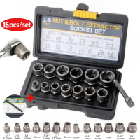 Impact Nut and Bolt Extractor 15PCS Socket Set Damage Rust Screw Bolt Nut Remover Tools with 3/8-inc
