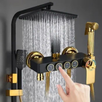 Black Gold Set SDSN Thermostatic Bathroom System Rainfall Head Brass Faucet Shower