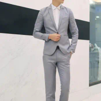 1 Set Men Blazer Pants Solid Color Slim Fit Male Suit Top Pants Turndown Collar One Button Formal Suit For Wedding
