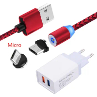 For Samsung A10e S4 Huawei Y5 Y6 2018 Y9 2019 Honor 7A 8X Lenovo P2 K6 K8 A6600 Magnetic Micro USB Charge Cable LED Wall Charger
