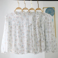 Blouse wanita motif bunga lengan panjang / Top blouse ruffle bahan catton krinkle kotak