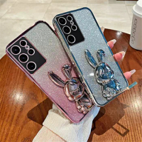 Gradient Glitter Rabbit Holder Phone Case For Samsung S24 Ultra S23 S22 S21 Plus S20 FE S10 Note 20 10 Plus Soft Silicone Cover