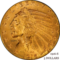 United States Of America 1916 S Five 5 Dollars USA Liberty Eagle US Gold Replica Coin Brass Metal Copy Coins