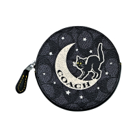 COACH萬聖節限定墨黑灰C LOGO星月貓咪圖印圓餅零錢包