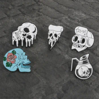 Skull Enamel Pins Brooches Collection Badges Coffee Pot Rose Pizza Skeleton Brooches Gothic Punk Pin Button Gifts For Women Men