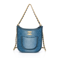 【CHANEL 香奈兒】Hobo bag 牛仔布鏈條單肩包(水洗丹寧/金)
